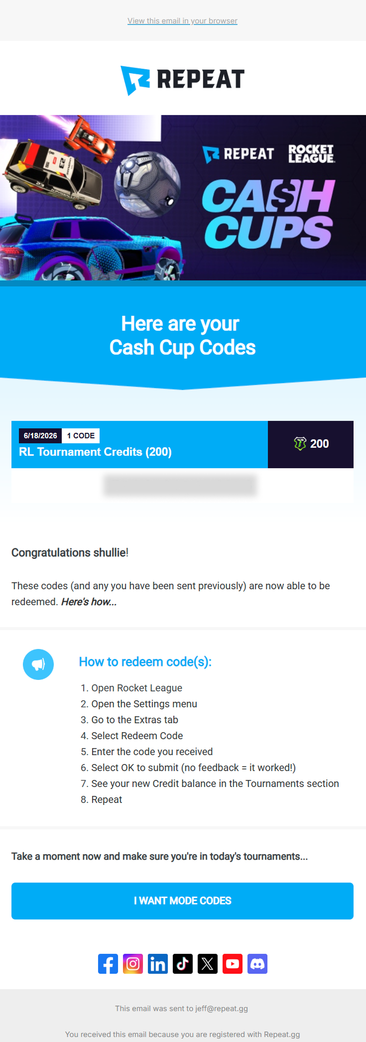 Rocket League Prize Delivery Email